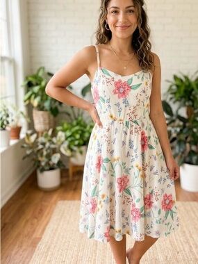 Old Navy Cream Floral Sundress Medium Fit & Flare Cami Style Boho Cottagecore